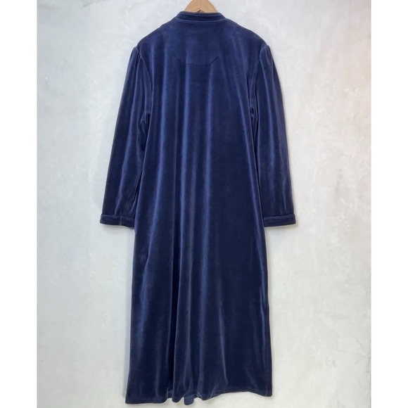 Vtg Navy Velour Zip Front House Dress Long Lounge Robe Dark Romantic Goth L - Picture 3 of 8